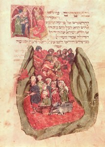 Moses leder Israels barn over Rødehavet fra en jødisk bønnebok, Hamburg, 1427 (manuskript) av German School