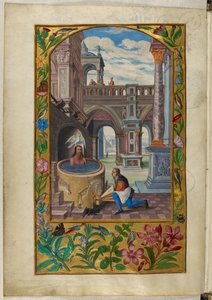Ms Harley 3469, f.21v Mann som bader i en gårdsplass, den syvende lignelsen, fra 