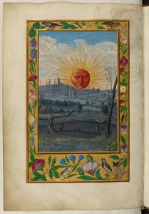 Ms Harley 3469, f.33v Sol med menneskeansikt stiger, den femte avhandlingen, fra 'Splendor Solis' av Salomon Trismosin av German School