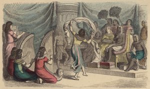 Musikere og dansere som opptrer foran farao i det gamle Egypt (farget gravering) av German School