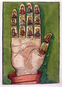 Mystisk hånd til Birgitta av Sverige som viser Kristus, Jomfru Maria, apostler og andre, 1491 (håndfarget gravering) av German School