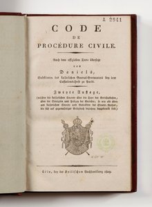 Napoleonsk kode for sivil prosedyre for de franske avdelingene ved Rhinens venstre bredd, åpen på tittelsiden, Köln, 1809 (trykt papir) av German School