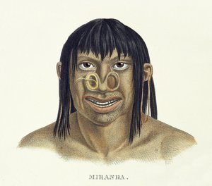 Innfødt mann av Miranha-stammen, med nesedekor, fra Atlas of a Journey in Brazil av Johann Baptist von Spix (1781-1826) og Karl Friedrich Philipp Martius (1794-1868), utgitt ca. 1835-50 (kol. av German School
