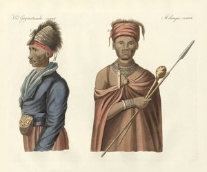 Innfødte i Sør-Afrika (farget gravering) av German School