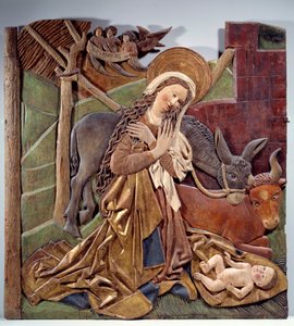 Nativittrelieff på innsiden av altertavlen i polykromt tre av den tyske skolen. 1510 Dim. 1,12x1,11 m Paris, Musée du Louvre av German School