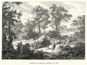 Nausicaa og Odysseus, scene fra Homers Odyssey (gravering) av German School