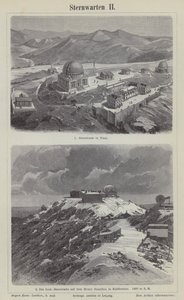 Nice Obervatory, Frankrike, og Lick Observatory, Mount Hamilton, California, USA (gravering) av German School
