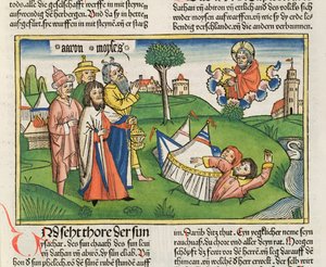 Nummer 16 32 Jorden svelger opprørerne Dathan og Abiram, fra Nürnbergbibelen (Biblia Sacra Germanaica) (farget tresnitt)