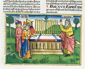 Nummer 17 1-11 Aarons stav blomstrer på alteret, fra Nürnbergbibelen (Biblia Sacra Germanaica) (farget tresnitt) av German School