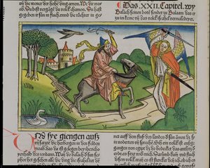 Nummer 22 20-35 Bileams snakkende ass, fra Nürnbergbibelen (Biblia Sacra Germanaica) (farget tresnitt) av German School
