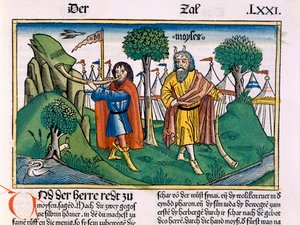 Nummer 2 Israelittenes leiroppgaver, fra Nürnbergbibelen (Biblia Sacra Germanaica) (farget tresnitt)