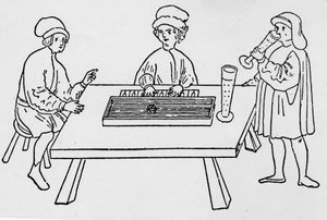 En av de første tegningene som representerer en Clavicord. Weimar 1400-tallet. av German School