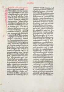Åpningsside av 1. Mosebok fra Gutenberg-bibelen, trykt av Johannes Gutenberg (ca. 1400-68) og Peter Schoeffer (1425-1502) i Mainz, 1454-56 (trykt papir) av German School