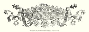 Ornament funnet av den tyske arkeologen Heinrich Schliemann under hans utgravninger av stedet for det gamle Troja (litho) av German School