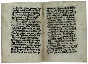Sider fra en tyskspråklig kopi av "Mirabilia of Rome, History and Description of the City of Rome" av Pseudo-Aegidius Romanus, muligens utgitt av Ulrich Han, Roma, ca. 1475 av German School