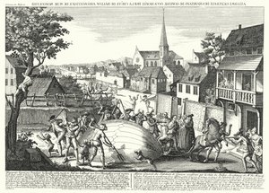 Bønder som angriper ballongen til Jacques Charles og Robert Brothers etter at den kom ned ved Gonesse, 27. august 1783 (gravering) av German School