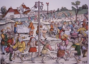 Bønder som danser (håndfarget gravering) av German School