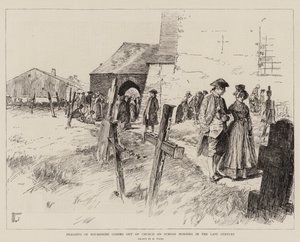 Bønder i Bourgogne kommer ut av kirken søndag morgen i det siste århundre (gravering) av German School