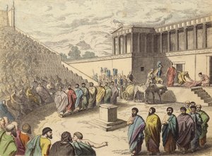 Fremføring av stykket Agamemnon i et teater i antikkens Hellas (farget gravering) av German School