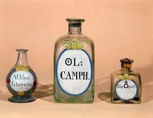 Farmasøytiske krukker for Camphor and Spirit of Wine (glass) av German School