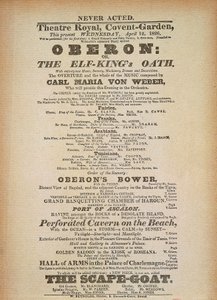 Playbill av den første forestillingen av 'Oberon', av Carl Maria von Weber, i Convent Garden, London, 12. april av German School