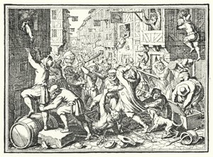 Plyndring av Judengasse, den jødiske ghettoen i Frankfurt, i Fettmilch-opprøret, 1614 av German School