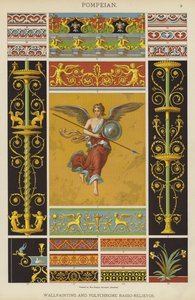 Pompeiansk, veggmaleri og polykrom Basso-Relievo (farge litho) av German School