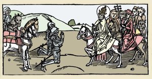 Pave Leon I møter Attila og Arrete - barbariske invasjoner - Gravering fra "Leben der Heiligen - sommerteil" (The Book of the Saint) av Jacobus (James) av Voragine (1228-1298). Lübeck 1488. av German School
