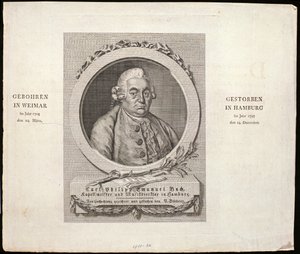 Portrett av Carl Philipp Emanuel Bach (1714-88) gravert av C. D. Krohn, 1788 av German School