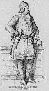 Portrett av Frederic I av Hauhenstaufen kjent som Frederic Barberousse (1122-1190), tysk romersk keiser. Gravering i "" Kaiser, Konig und Papft"" av Richard Roth av German School