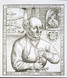 Portrett av Theothrastus Paracelsus (1493-1541), kopi av en illustrasjon fra boken hans Astronomica et Astrologica Pouscula, Köln 1567, brukt i en magihistorie, utgitt sent på 1800-tallet (woodc av German School