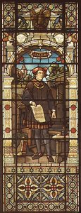 Portrett av William Caxton (ca. 1422-91) laget av Mayer og Co., München-basert firma aktiv i London, ca. 1880 (glassmaleri) av German School