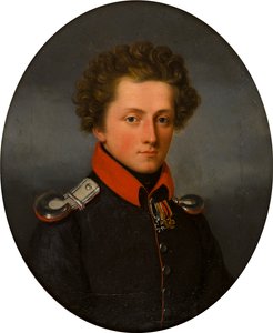 Portrait of a Young Officer, c.1801-99 (oil on canvas)   1376662   no       norwegian Successfully Translated  Original: Nature morte en rose. (sur un coin de table, devant des gravures, un verre deau, une branche de pommier, des prunes et des tomates). Pe av German School