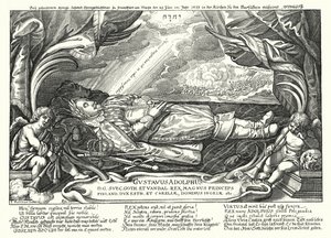 Portrett av den døde kong Gustavus Adolphus av Sverige (gravering) av German School