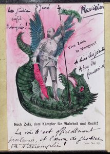 Postkort som viser Noble Zola, Warrior for Truth and Justice med merknader (fargelitho med penn og blekk og wc) av German School