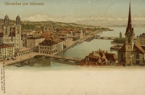 Postkort som viser en generell utsikt over byen Zürich av German School