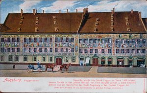 Postkort som viser Fuggerhaus, Augsburg av German School