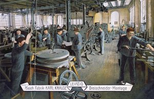 Postkort som viser Karl Krause-fabrikken i Leipzig, ca. 1905 (farget foto) av German School