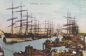 Postkort av seilskutehavnen i Hamburg, ca. 1900 (farget bilde)