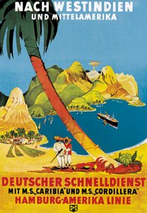 Plakat som annonserer Hamburg-Amerika Linie-ruter til Vestindia og Mellom-Amerika