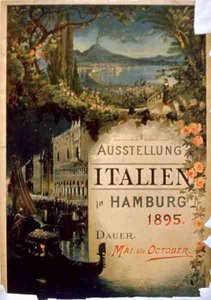 Plakat som reklamerer for den italienske utstillingen i Hamburg, mai-oktober 1895 (litho-farge) av German School