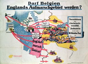 Plakat som uttrykker tysk angst for den foreslåtte byggingen av en kanaltunnel som forbinder Belgia og England, ca. 1914-18