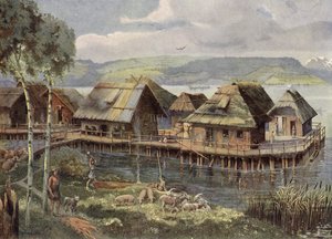 Forhistorisk europeisk innsjølandsby (fargelitografi) av German School