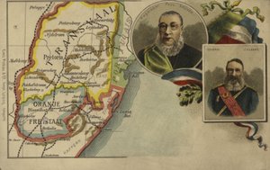 President Paul Kruger, general Piet Joubert og et kart over Transvaal og Orange Free State