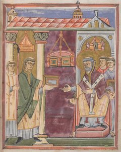 Prest presenterer en bok [til St. Augustine?] av German School