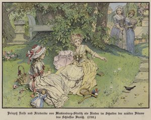 Prinsesser Louise og Frederike av Mecklenburg-Strelitz i skyggen under trærne på slottet Broich som barn av German School