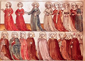 Prosesjon av kvinner fra Boheme. Miniatyr fra "Chronicles of the Council of Constance" av Ulrich Richental (1360-1437) 1438 omtrent Praha, nasjonalbibliotek av German School