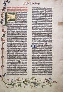 Prologfolio med gull og grønn bokstav "F", og kant av blader, blomster, vinranker og fugl, 1455 av German School