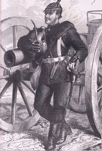Prøyssisk artillermann, Cassells historie om krigen mellom Frankrike og Tyskland utgitt av Cassell and Company Limited, ca. 1890 (litho) av German School
