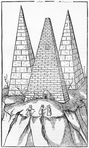 Pyramids of Egypt, illustrasjon fra Cosmographie Universelle av Sebastien Munster (1488-1552) Basel, utgitt 1554 av German School